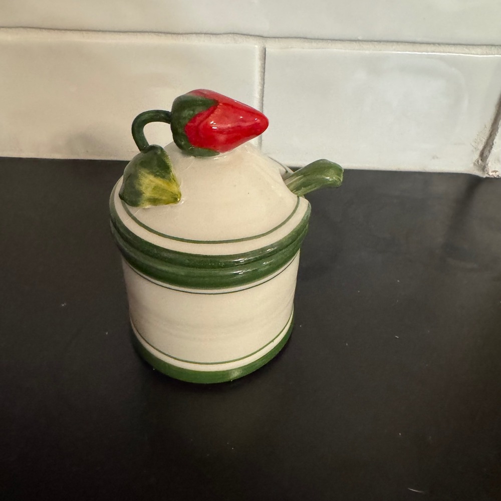 Costa Jam Jar Cream Green Italian Ceramic Strawberry Lid Spoon Fatto a Mano - Picture 1 of 7